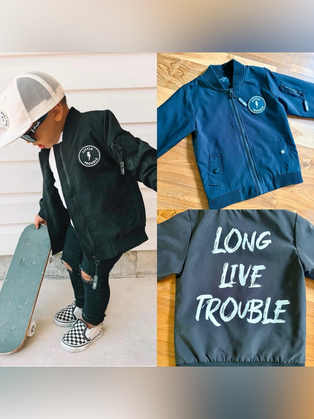 Little Trouble Bomber Jacket - “Long Live Trouble” - Black, 2T, Unisex, Skater